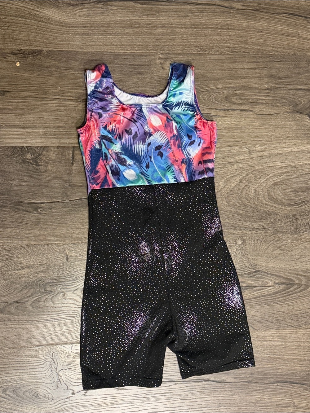 Colorful Tropical Print Gymnastics Leotard with Black Sparkle Shorts